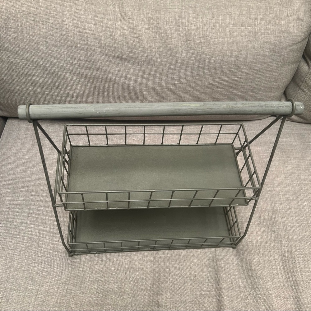 Two-Tier Metal Organizer Etagere Wooden Handle Accents Rustic Industrial#0725258 - Picture 3 of 16